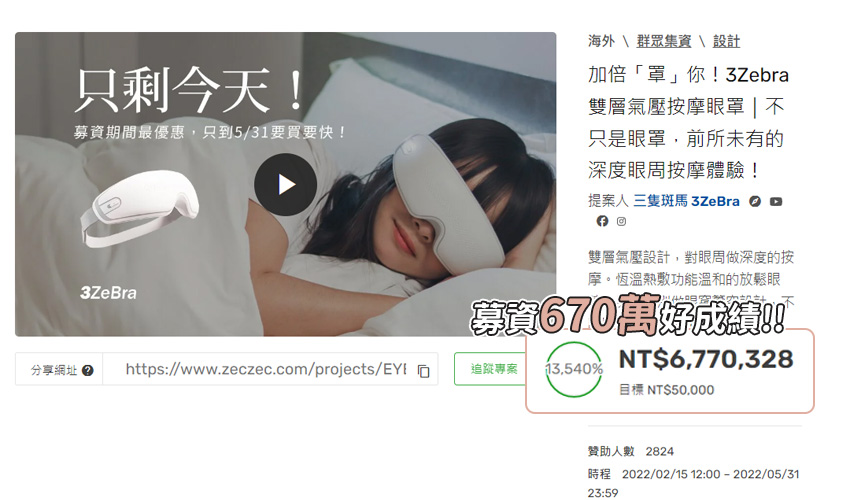 【3ZeBra】雙層氣壓按摩眼罩_嘖嘖募資突破670萬!