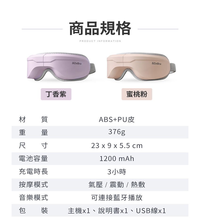 【3ZeBra】5C熱敷按摩眼罩|藍牙音樂款 - 商品規格