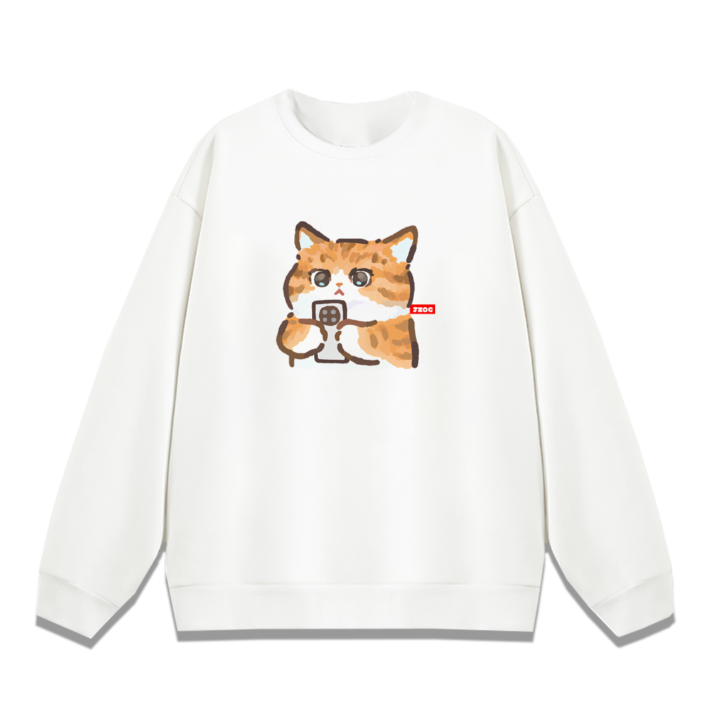 橘貓玩手機 大學T 白色.png