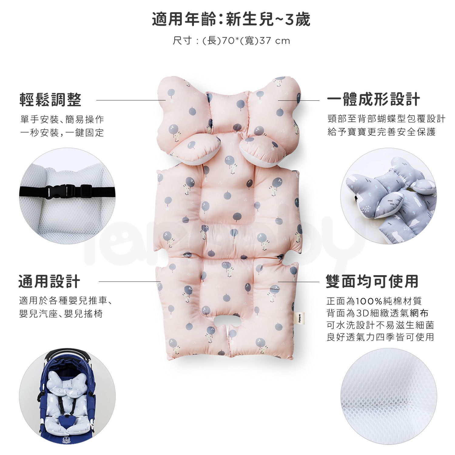 O-BS_05.jpg/ ianbaby 韓製全身包覆墊適用年齡為新生兒至3歲，尺寸為70cm*37cm，純棉與透氣網布雙面皆可使用，一體成形設計給予寶寶更完善安全的保護。