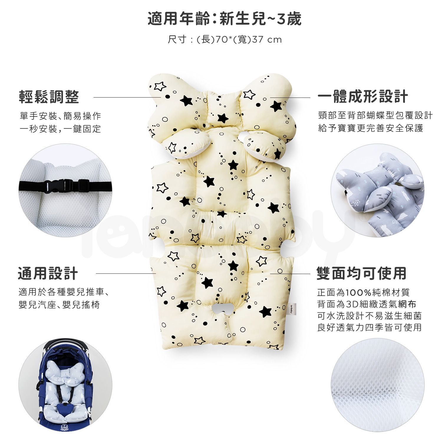 O-BS_07.jpg/ ianbaby 韓製全身包覆墊適用年齡為新生兒至3歲，尺寸為70cm*37cm，純棉與透氣網布雙面皆可使用，一體成形設計給予寶寶更完善安全的保護。