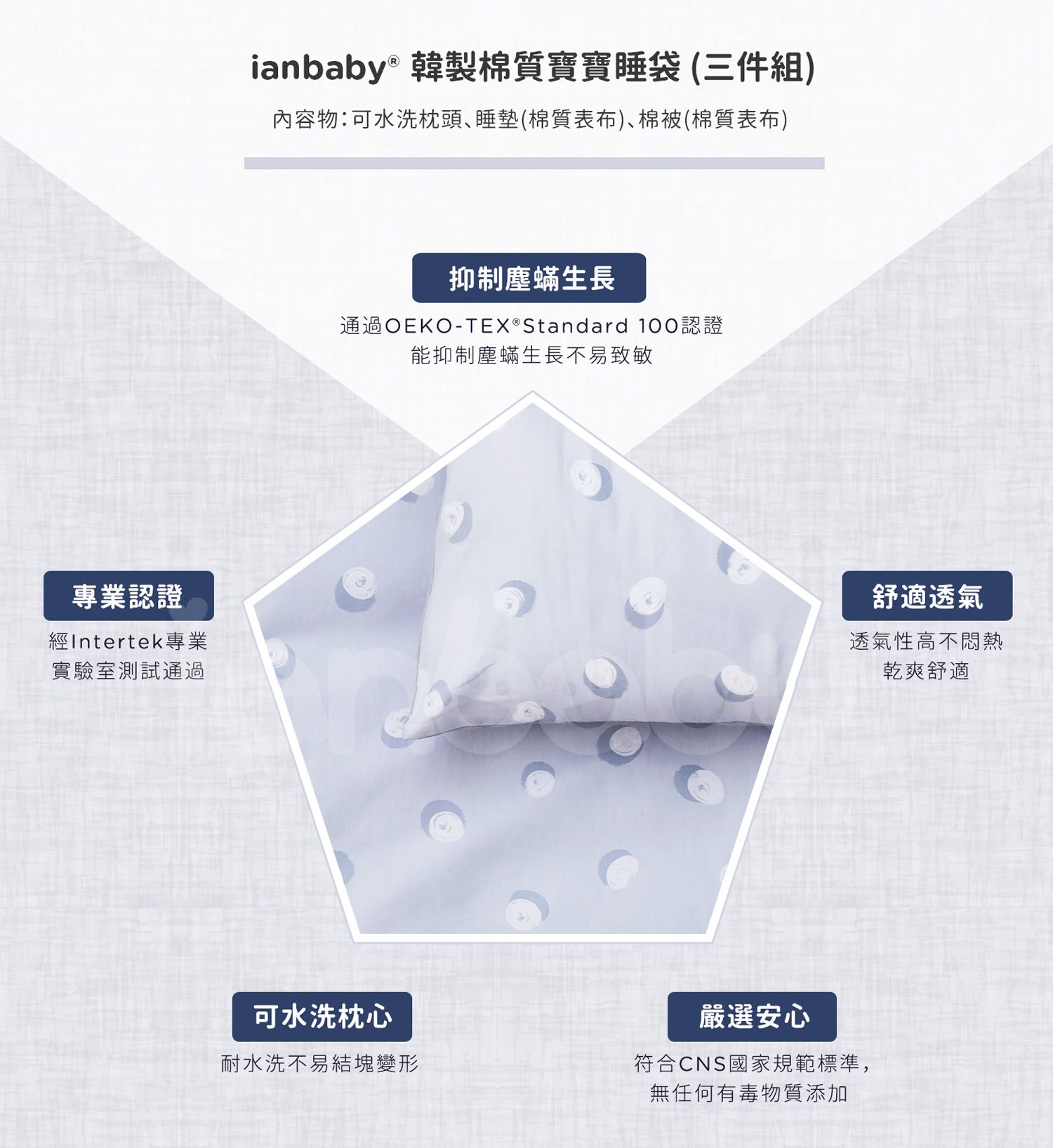 B-BB_15.jpg/ ianbaby 韓製寶寶睡袋舒適透氣,抑制塵蟎生長,通過專業認證,無任何有毒物質添加,可水洗不易結塊變形。